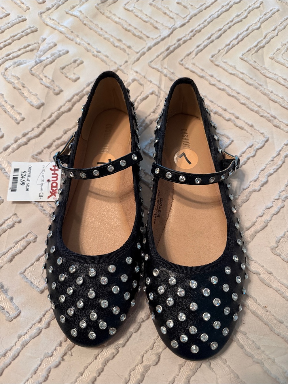 Black Studded Mary Jane Flats with Rhinestone Detailing